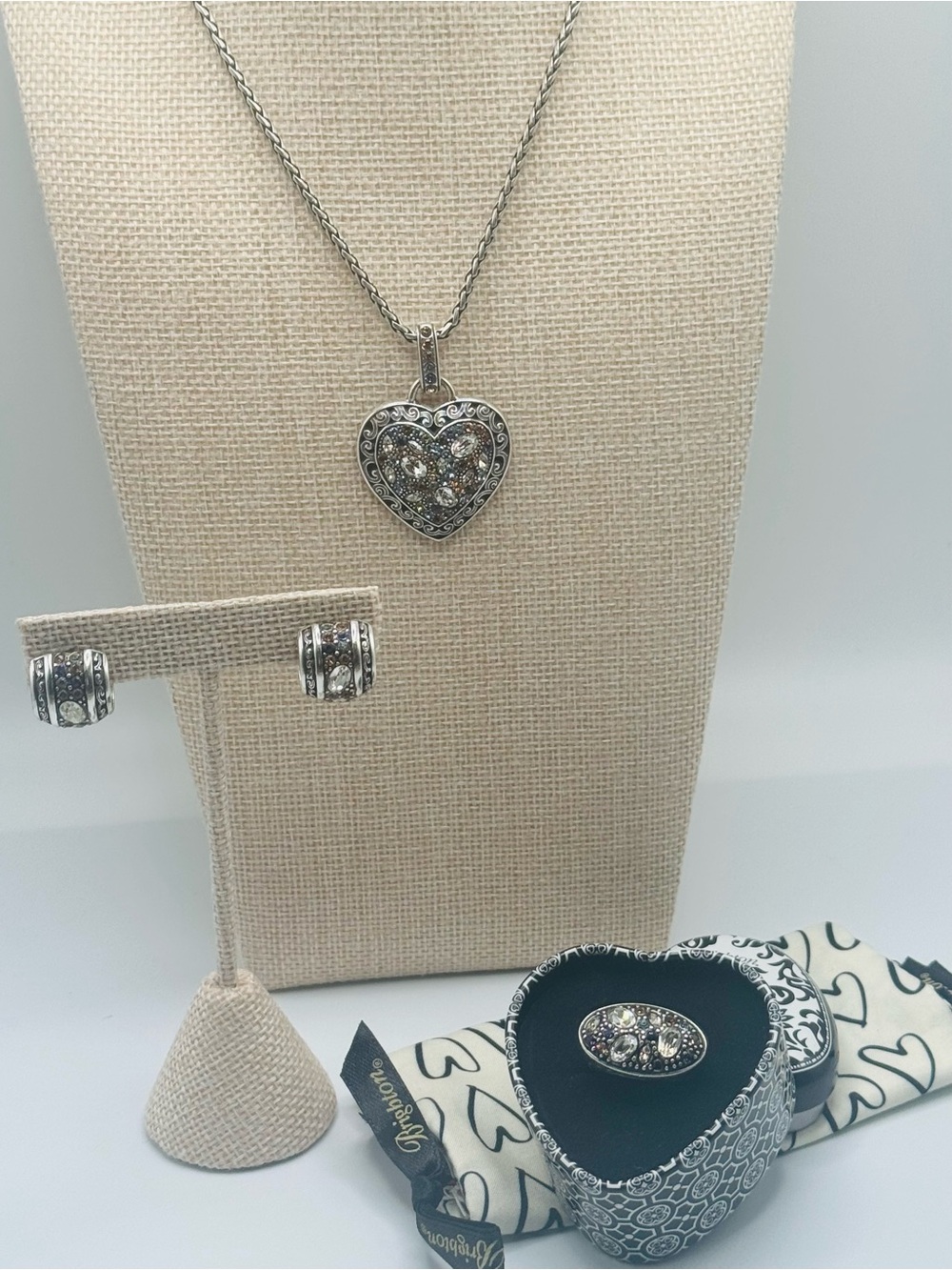 Brighton Silver Heart Crystal Pendant Necklace, Earring and Ring Set - Silver